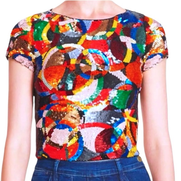 $440 Sequins Alice + Olivia Kaleidoscopic Crop Top 2 COLORFUL Back Stretch Panel - Picture 5 of 16